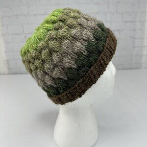 Hand Knit Wool Striped Beanie Brown Earth Tones Chunky‎ Textured Winter Hat NEW